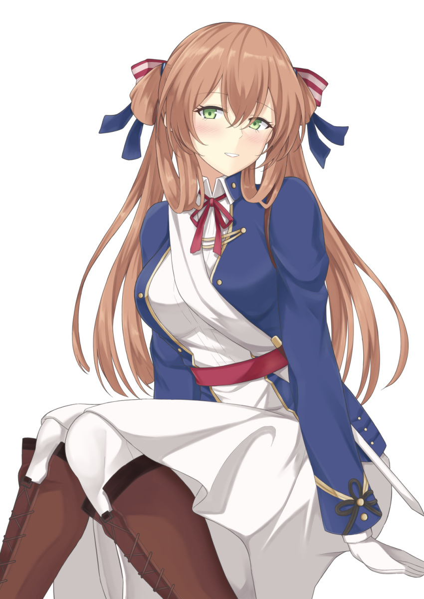 1girl, blue_jacket, boots, breasts, brown_footwear, brown_hair, dress, girls_frontline