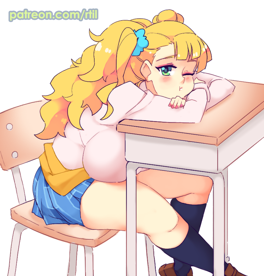 1girl, ;t, asymmetrical_hair, black_legwear, blonde_hair, blue_scrunchie, blue_skirt, blush