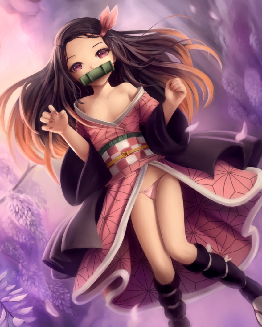 1girl, bit_gag, bow, brown_hair, commentary, crumbles, english_commentary, fingernails