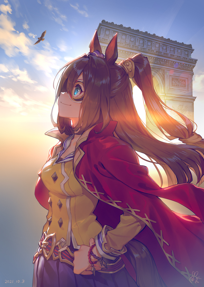 1girl, animal_ears, arc_de_triomphe, bird, blue_eyes, brown_hair, closed_mouth, clouds