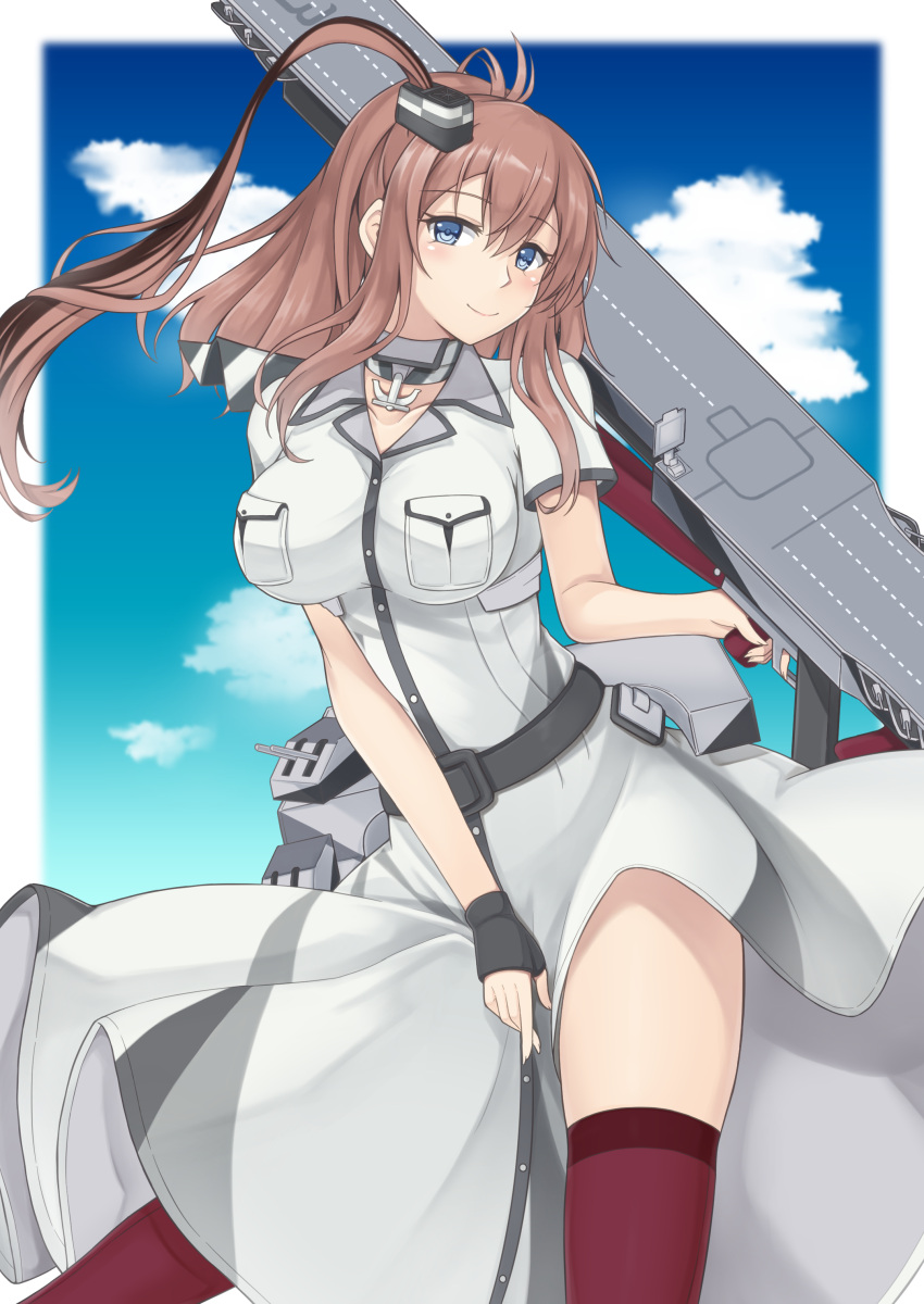 1girl, absurdres, black_gloves, blue_eyes, blue_sky, blush, breasts, brown_hair