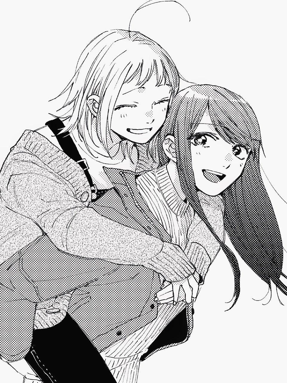 2dk_g_pen_mezamashidokei, 2girls, ^_^, ahoge, closed_eyes, fujimura_kaede, greyscale, grin