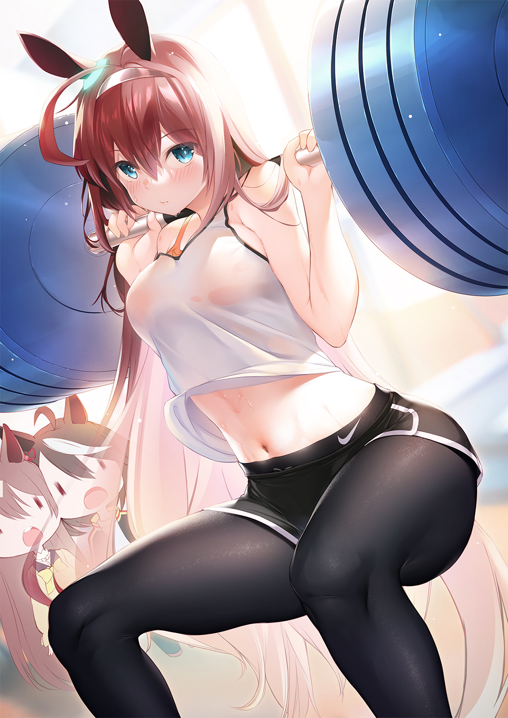 3girls, animal_ears, bangs, barbell, black_pants, blue_eyes, blush, breasts