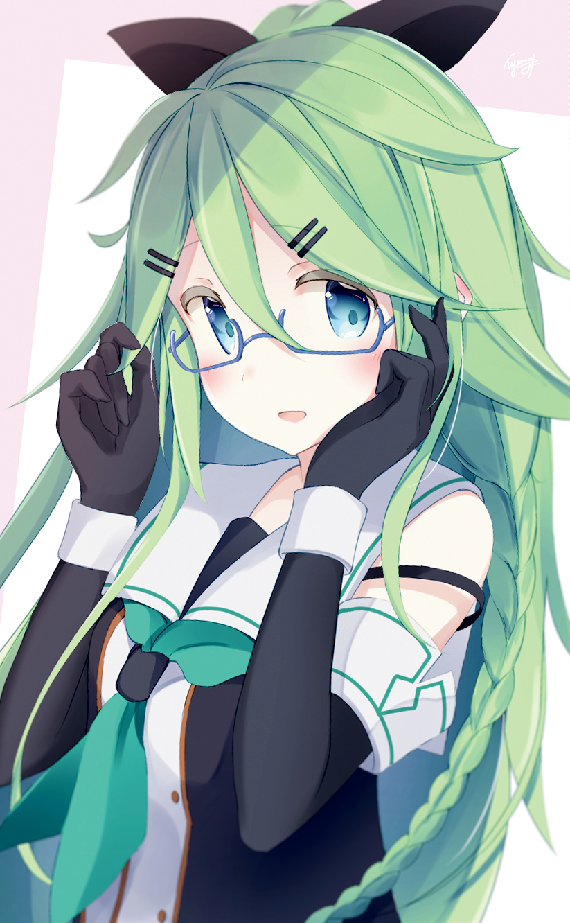 1girl, bangs, bespectacled, black_gloves, black_ribbon, black_serafuku, black_skirt, blue-framed_eyewear