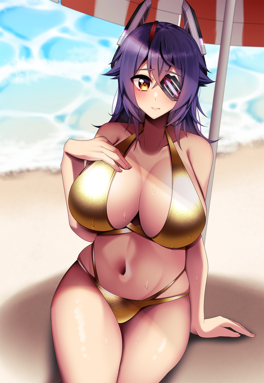 1girl, alternate_costume, beach, beach_umbrella, bikini, breasts, eyepatch, gold_bikini