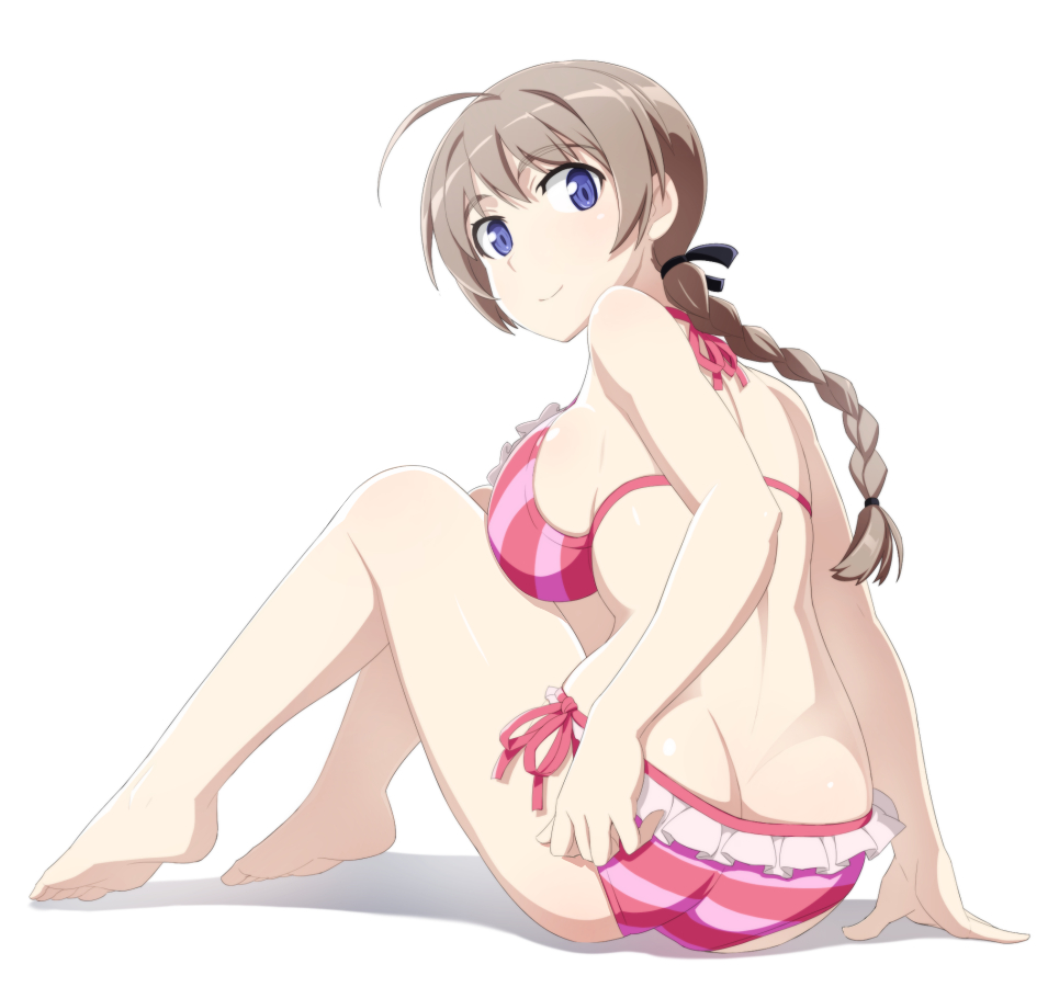 1girl, ahoge, ass, bikini, blonde_hair, blue_eyes, blush, braid