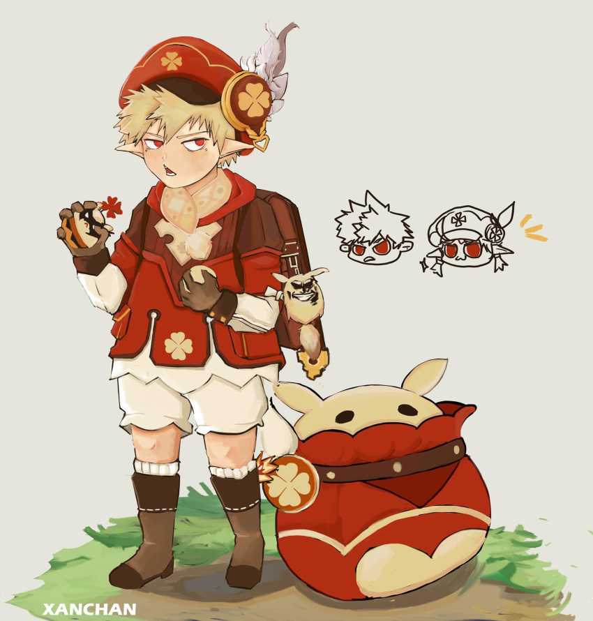 1boy, :d, all_might, alternate_costume, backpack, bag, bag_charm, bakugou_katsuki, bangs, bloomers, boku_no_hero_academia, bomb, boots, brown_footwear, brown_gloves, brown_hair, brown_scarf, cabbie_hat, charm_(object), clover_print, coat, commentary, cosplay, crossover, dodoco_(genshin_impact), dual_wielding, eyebrows_visible_through_hair, full_body, genshin_impact, gloves, grin, hair_between_eyes, hat, hat_feather, hat_ornament, highres, holding, hooded_coat, horikoshi_kouhei_(style), jumpy_dumpty, klee_(genshin_impact), klee_(genshin_impact)_(cosplay), knee_boots, kneehighs, looking_at_viewer, open_mouth, parody, pocket, pointy_ears, randoseru, red_coat, red_eyes, red_headwear, scarf, sidelocks, simple_background, smile, solo, standing, style_parody, trait_connection, triangle_mouth, underwear, xanchan, younger