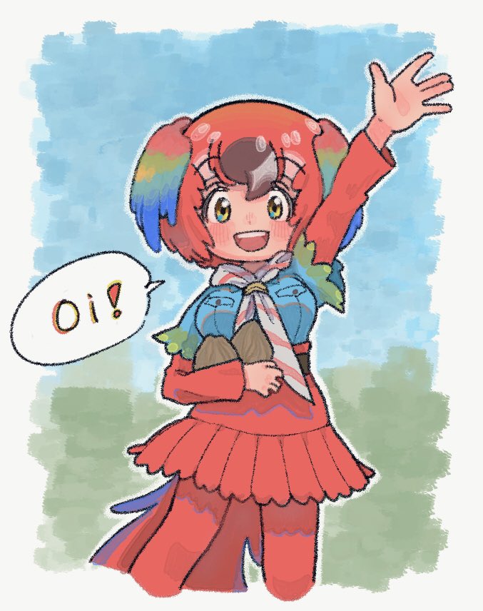 1girl, bird_girl, bird_tail, bird_wings, blue_hair, blue_shirt, blush, coconut, eyebrows_visible_through_hair, green_hair, head_wings, kemono_friends, long_sleeves, looking_at_viewer, multicolored_hair, neckerchief, pantyhose, parrot_girl, pleated_skirt, red_hair, red_legwear, red_neckwear, red_skirt, red_sleeves, redhead, scarlet_macaw_(kemono_friends), shimazoenohibi, shirt, short_hair, short_sleeves, skirt, tail, two-tone_neckwear, waving, white_neckwear, wings, yellow_eyes