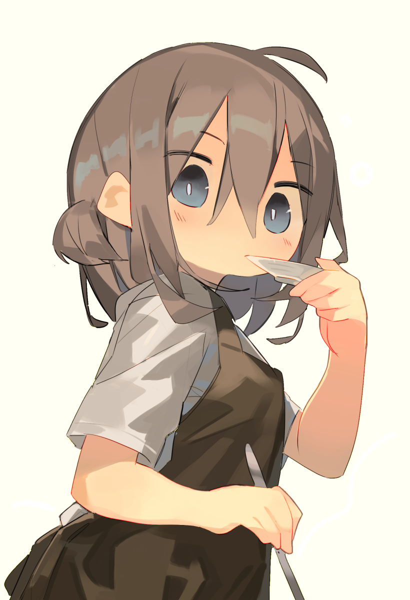 1girl, ahoge, apron, bangs, black_apron, blue_eyes, blush, brown_eyes
