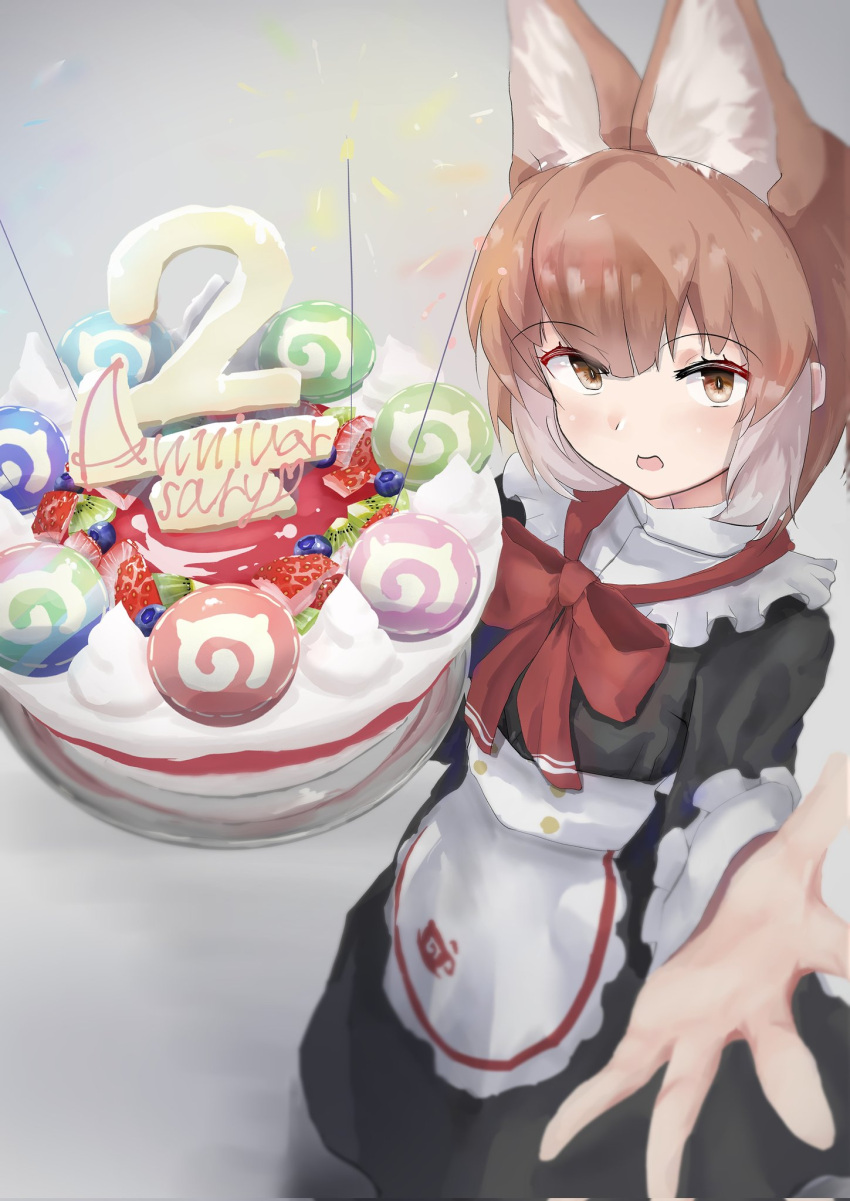 alternate_costume, animal_ears, anniversary, apron, birthday_cake, black_dress, bow, bowtie, cake, collar, commentary_request, dhole_(kemono_friends), dog_ears, dog_girl, dress, enmaided, extra_ears, eyebrows_visible_through_hair, food, frilled_collar, frills, high_collar, highres, japari_bun, japari_symbol, kemono_friends, kemono_friends_3, koshou_(g_ro_dorannna), light_brown_hair, long_dress, long_sleeves, looking_at_viewer, maid, maid_apron, maid_headdress, multicolored_hair, official_alternate_costume, orange_eyes, reaching_out, red_neckwear, short_hair, two-tone_hair, white_apron, white_hair
