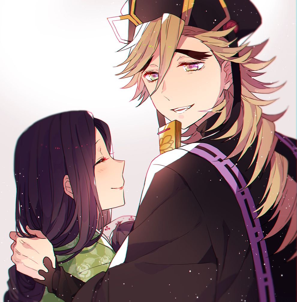 1girl, 2boys, baby, bangs, black_cape, black_hair, black_headwear, blonde_hair