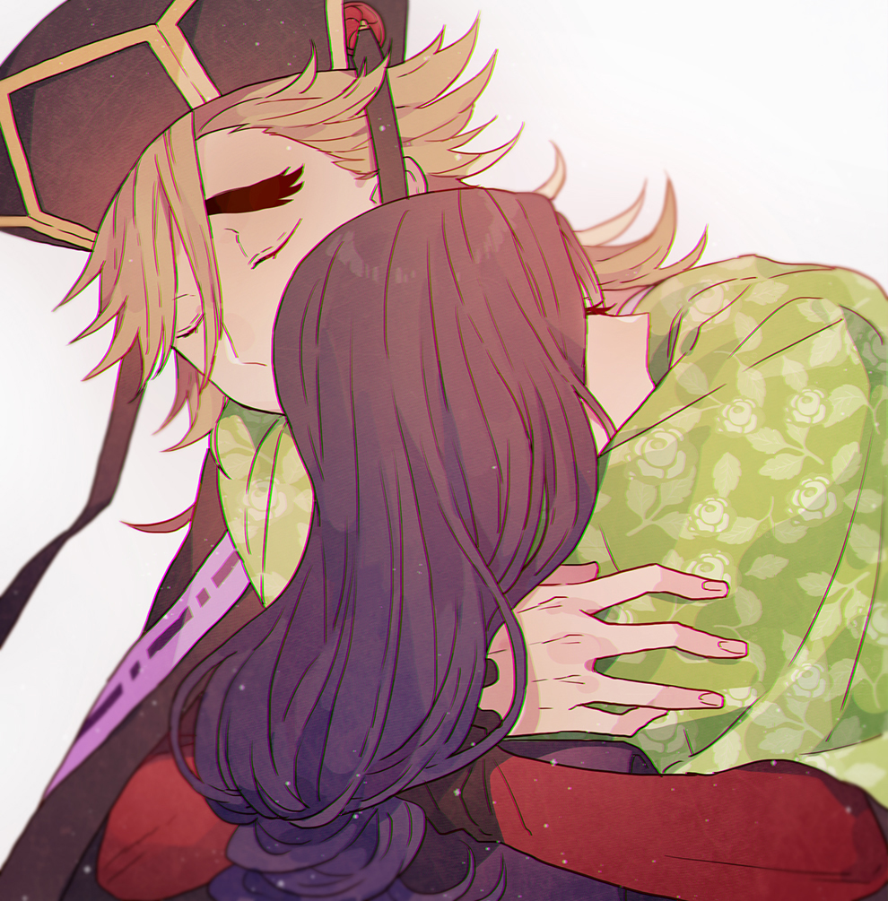 1boy, 1girl, bangs, black_hair, black_headwear, blonde_hair, blush, closed_eyes