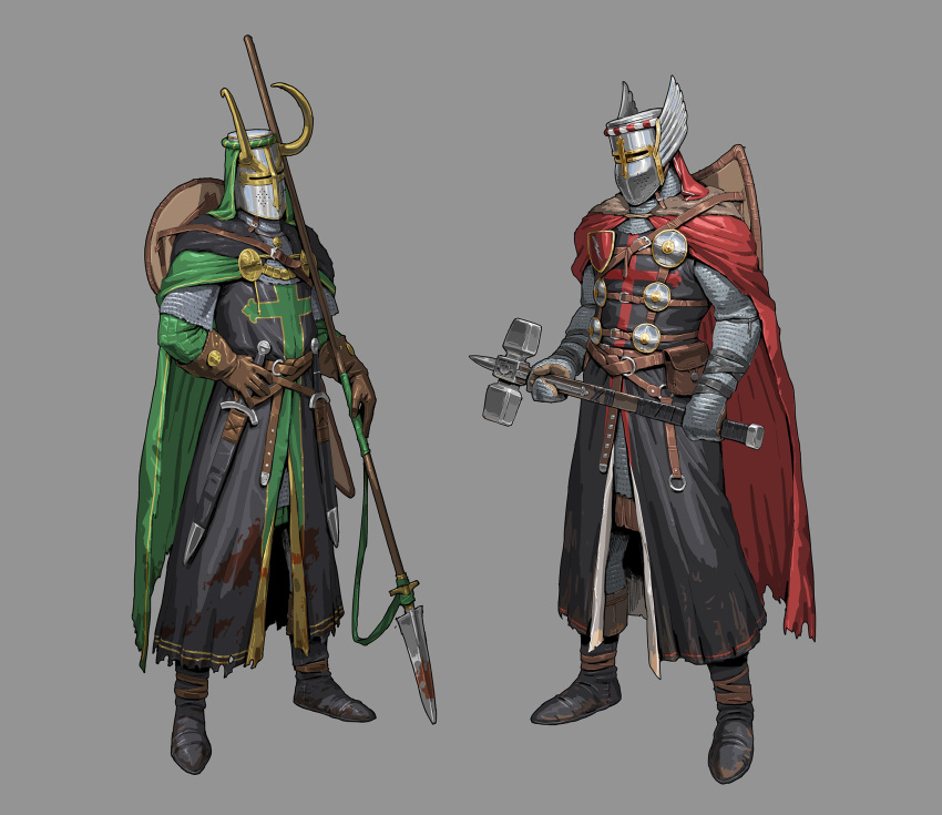2boys, adapted_costume, ameen_naksewee, armor, black_footwear, brown_gloves, cape, chainmail
