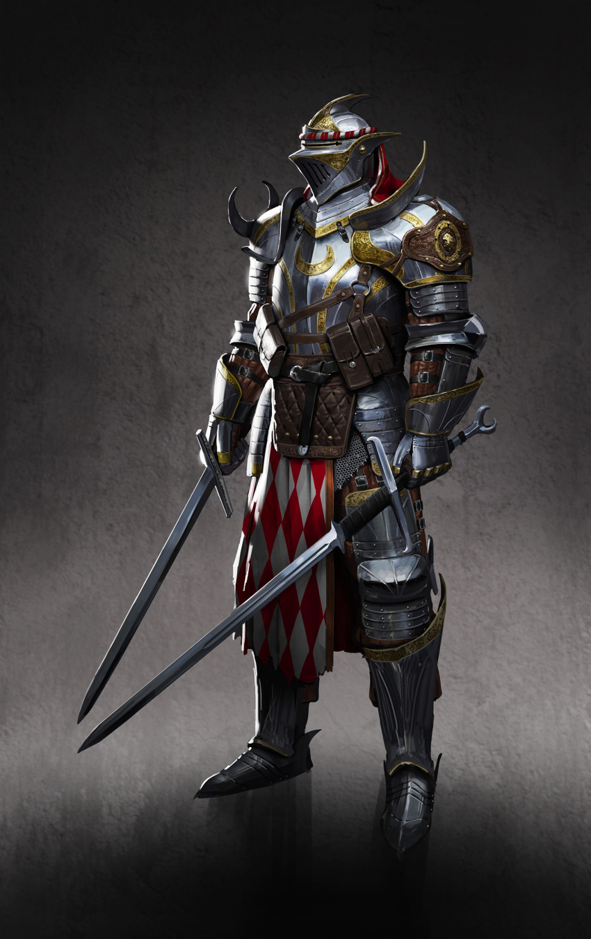 1other, ambiguous_gender, ameen_naksewee, armor, commentary, dual_wielding, english_commentary, full_armor, gauntlets, greaves, helmet, highres, holding, holding_sword, holding_weapon, knight, original, pauldrons, pouch, shoulder_armor, sword, waist_cape, weapon