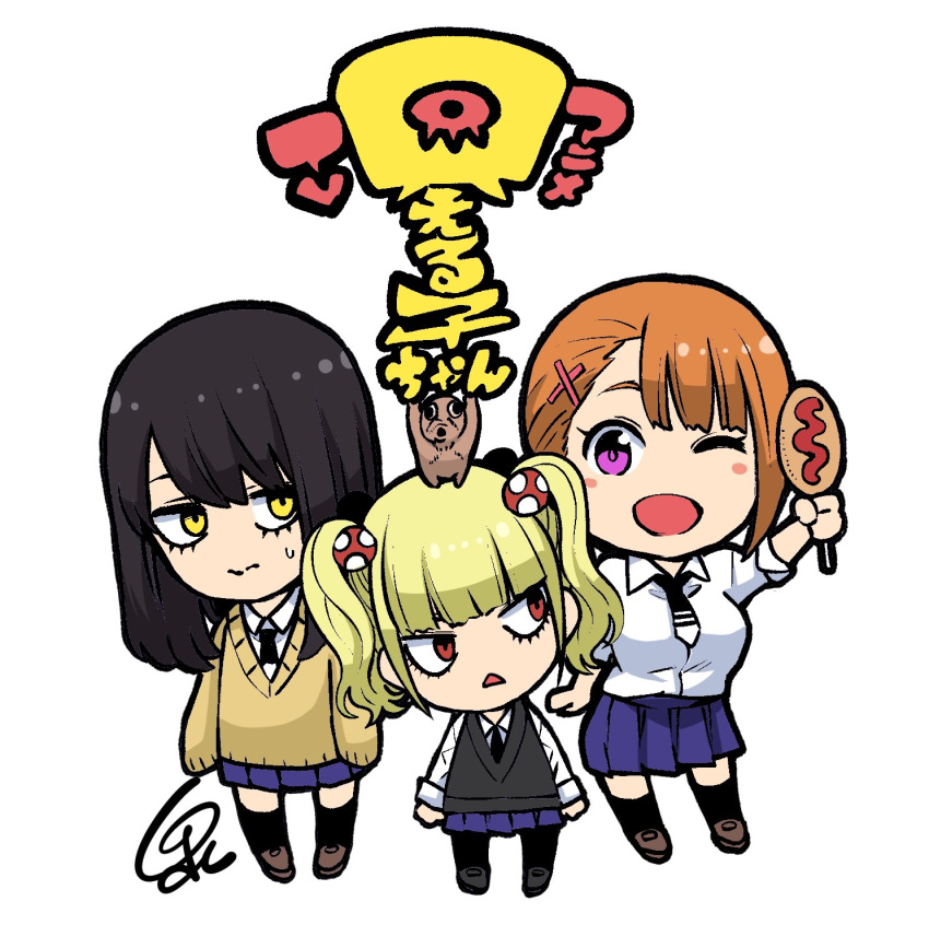 1other, 3girls, black_hair, black_legwear, black_neckwear, blonde_hair, blue_skirt, chibi
