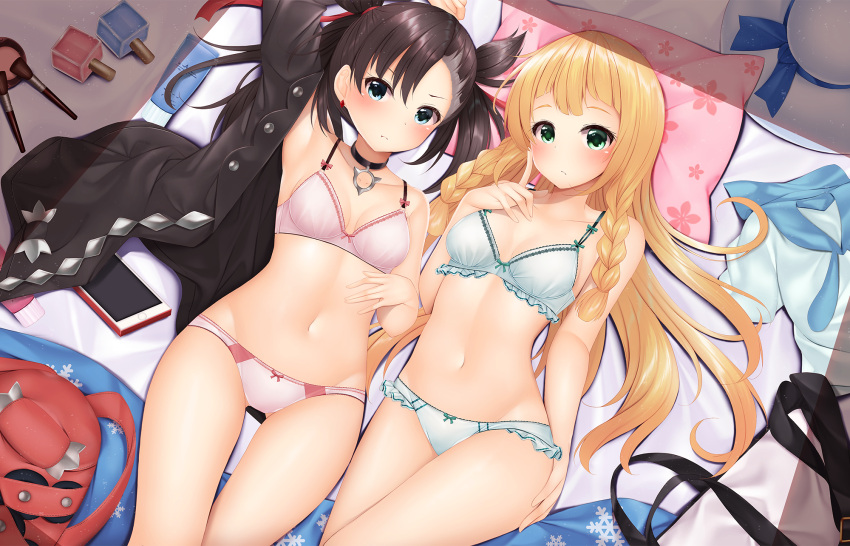 2girls, ass_visible_through_thighs, asymmetrical_hair, bangs, bed_sheet, black_choker, black_hair, black_jacket, black_legwear, blonde_hair, blue_eyes, blue_sailor_collar, bow, bow_bra, bow_panties, bra, braid, breasts, cellphone, choker, closed_mouth, collarbone, commentary_request, dress, dress_removed, earrings, eyebrows_visible_through_hair, frilled_bra, frilled_panties, frills, green_bra, green_eyes, green_panties, groin, hair_between_eyes, hat, hat_removed, headwear_removed, highres, jacket, jewelry, lillie_(pokemon), long_hair, lying, marnie_(pokemon), minato_ojitan, multiple_girls, nail_polish_bottle, navel, on_back, open_clothes, open_jacket, panties, pantyhose, pantyhose_removed, phone, pillow, pokemon, pokemon_(game), pokemon_sm, pokemon_swsh, sailor_collar, sailor_dress, small_breasts, thigh_gap, twintails, underwear, very_long_hair, white_bra, white_dress, white_headwear, white_panties