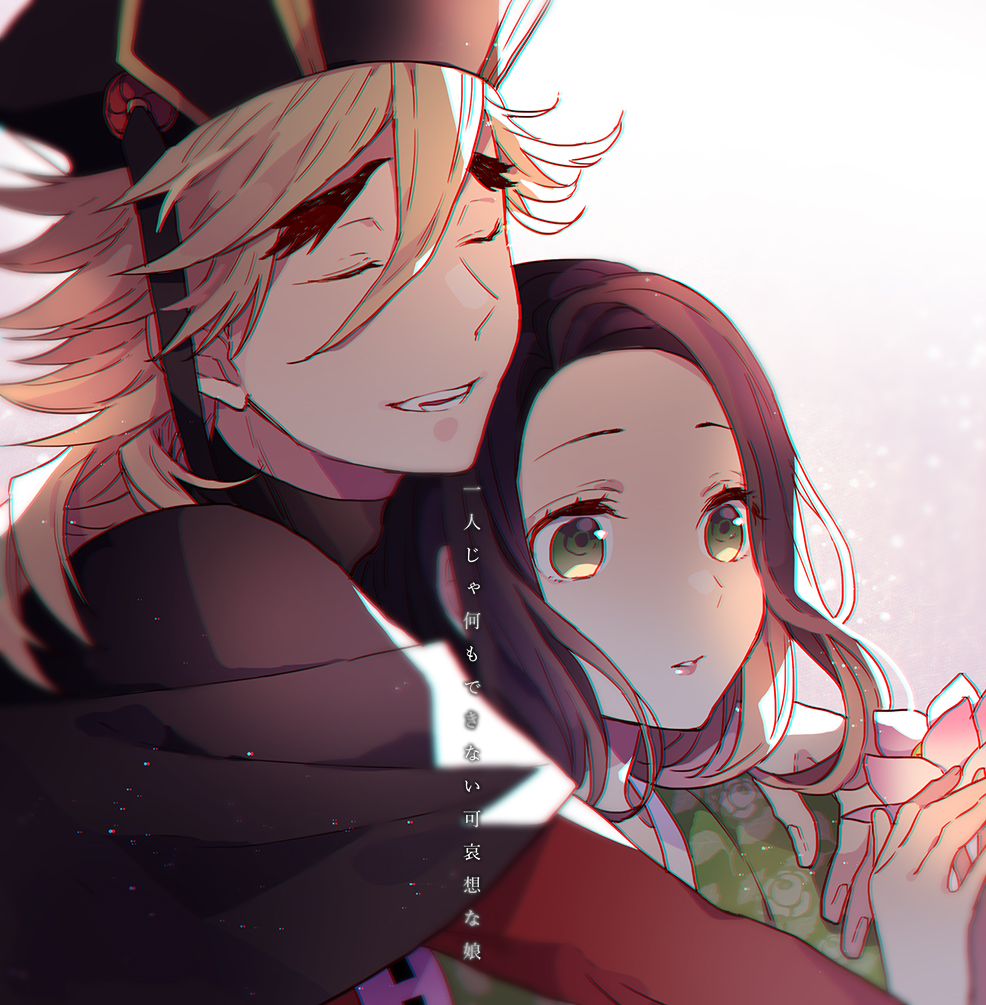 1boy, 1girl, bangs, black_cape, black_hair, black_headwear, blonde_hair, blush