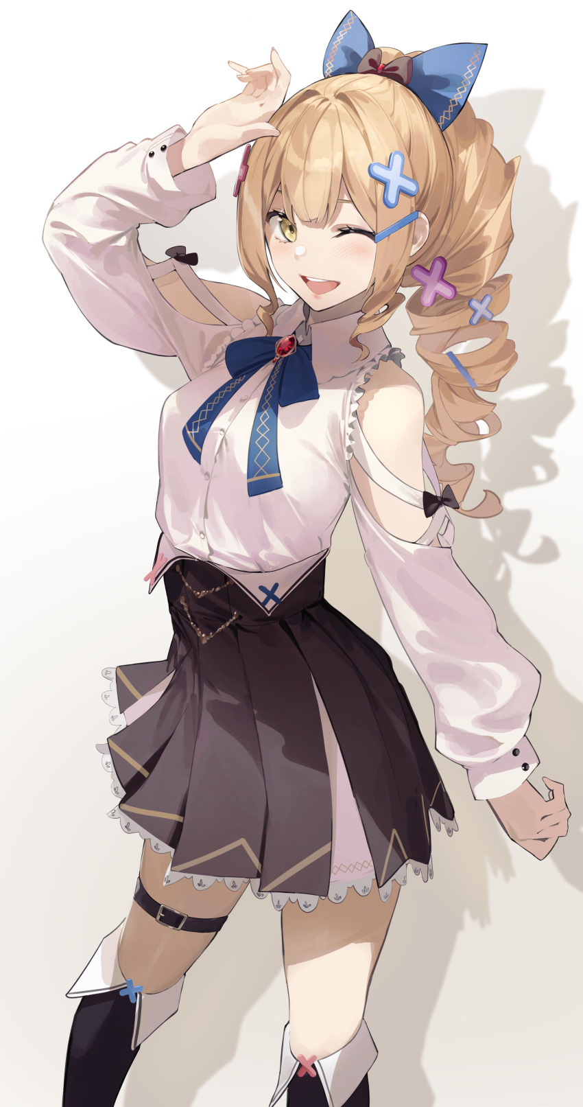 1girl, ;d, absurdres, arm_up, bangs, bare_shoulders, black_legwear, black_skirt