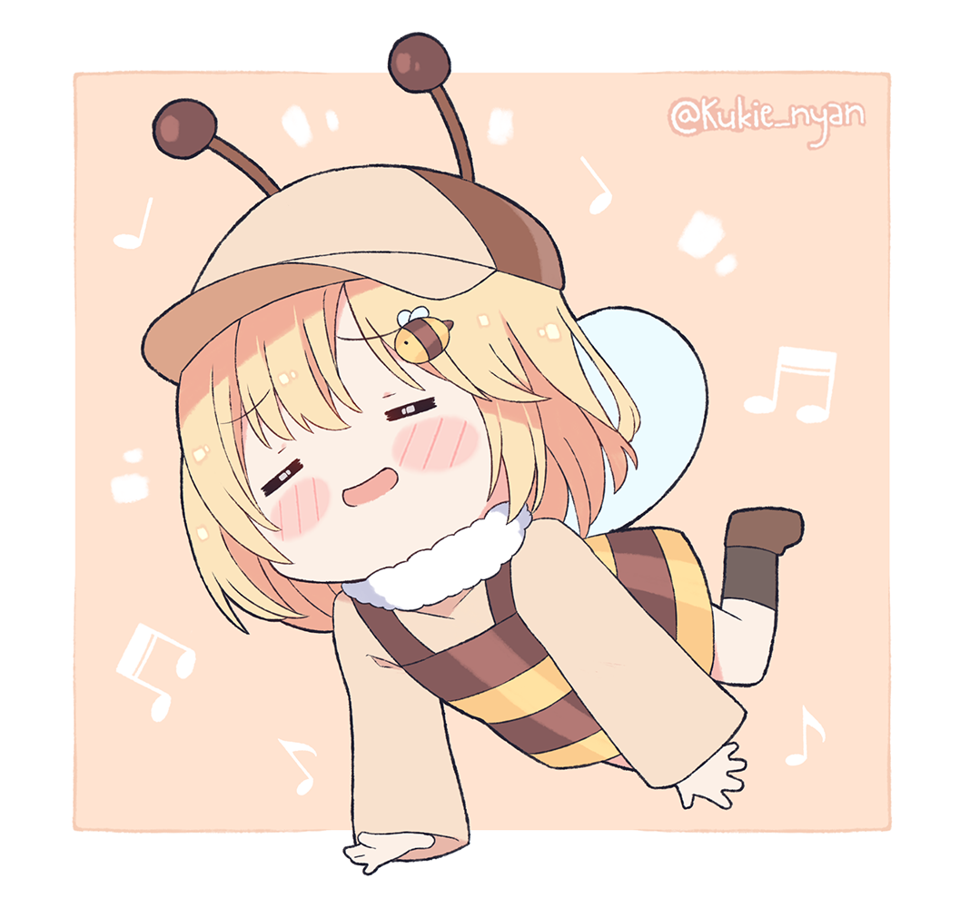 1girl, =_=, baseball_cap, bee_hair_ornament, bee_print, blonde_hair, blush_stickers, chibi