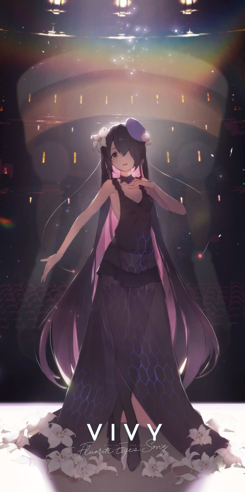1girl, absurdres, android, bangs, bare_shoulders, beret, black_hair, crossed_legs