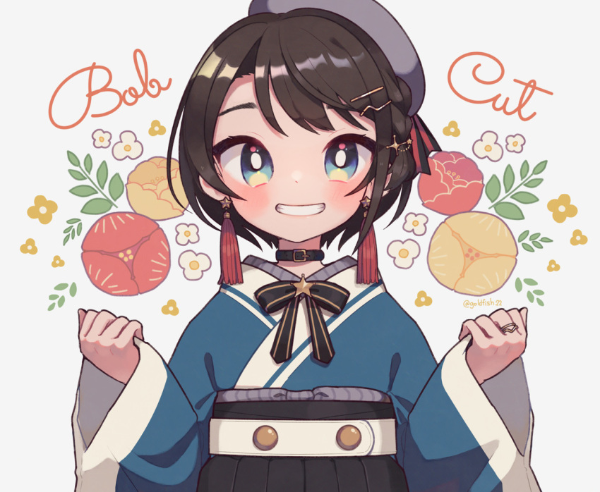 1girl, alternate_hairstyle, asymmetrical_hair, bangs, beret, black_choker, black_neckwear, blue_eyes