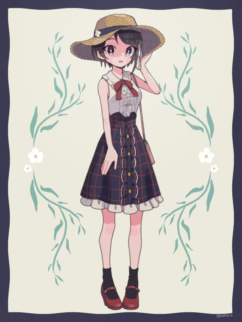 1girl, bag, bangs, black_hair, black_legwear, blue_eyes, blue_skirt, blush, border, breasts, commentary, eyebrows_visible_through_hair, frilled_shirt, frilled_skirt, frills, full_body, goldfish_22, grey_background, hair_ribbon, hand_on_headwear, handbag, hat, high_heels, highres, hololive, looking_at_viewer, medium_breasts, neck_ribbon, official_alternate_costume, oozora_subaru, open_mouth, plaid, plaid_skirt, red_footwear, red_neckwear, ribbon, shirt, shirt_tucked_in, short_hair, simple_background, skirt, sleeveless, sleeveless_shirt, socks, solo, standing, straw_hat, swept_bangs, twitter_username, virtual_youtuber, white_ribbon, white_shirt