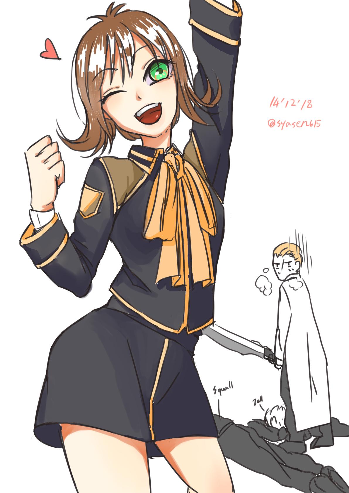 1girl, 3boys, blonde_hair, brown_hair, final_fantasy, final_fantasy_viii, flipped_hair, gunblade