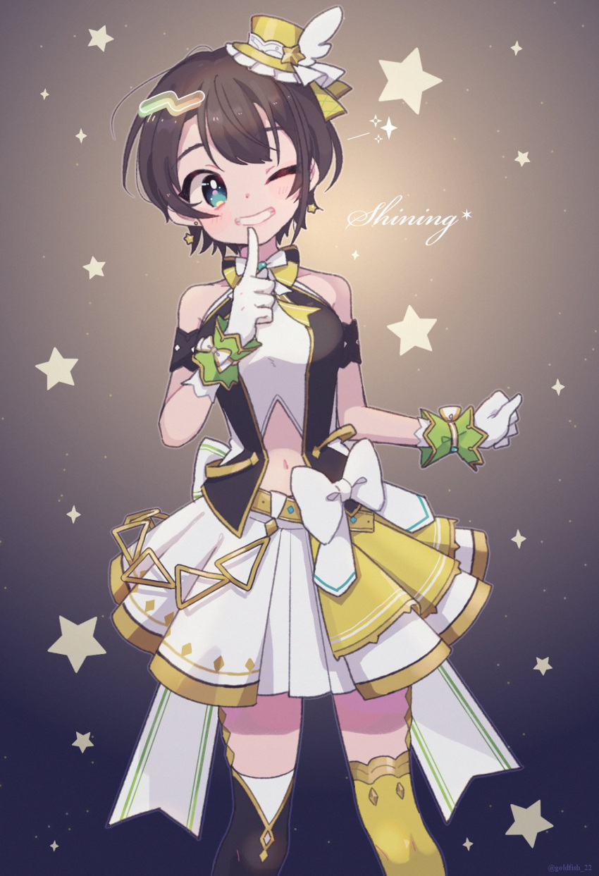 1girl, ahoge, arm_garter, asymmetrical_legwear, black_background, black_legwear, black_vest, blue_eyes