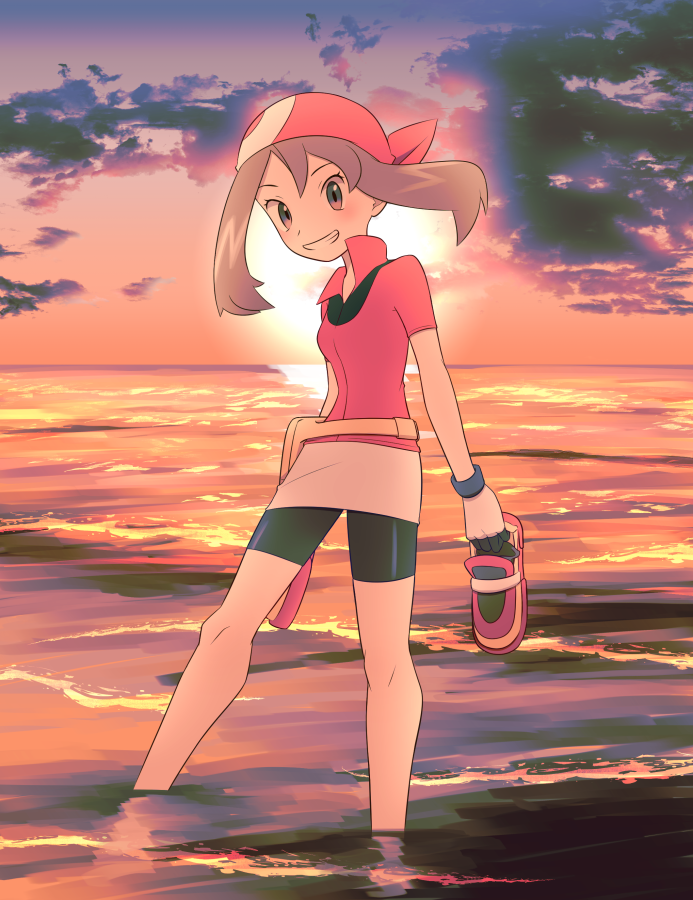 1girl, bandana, bike_shorts_under_skirt, brown_hair, clouds, eyelashes, gloves, grin, holding, holding_shoes, knees, komurapk, looking_at_viewer, may_(pokemon), outdoors, pokemon, pokemon_(game), pokemon_rse, shirt, shoes, shoes_removed, short_sleeves, skirt, sky, smile, solo, standing, sun, sunset, teeth, twilight, wading, water, white_skirt