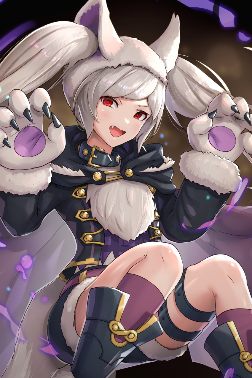 1girl, alternate_costume, animal_collar, animal_ear_headwear, black_coat, boots, cape, claws
