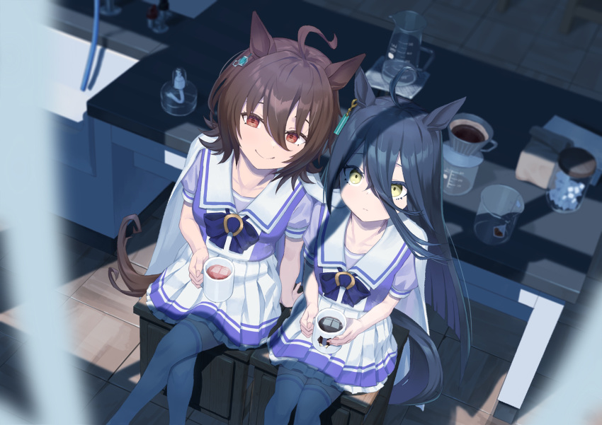 2girls, agnes_tachyon_(umamusume), ahoge, alcohol_burner, animal_ears, bag, bangs, beaker, black_hair, breasts, brown_eyes, brown_hair, coat, coat_on_shoulders, commentary_request, crossed_legs, cup, earrings, frilled_skirt, frills, hair_between_eyes, highres, holding, holding_cup, horse_ears, horse_girl, horse_tail, jar, jewelry, kazu_no_reason, long_hair, looking_at_viewer, manhattan_cafe_(umamusume), medium_breasts, multiple_girls, paper_bag, pitcher, pleated_skirt, raised_eyebrows, school_uniform, shadow, short_hair, short_sleeves, single_earring, sitting, skirt, small_breasts, smile, stool, table, tail, thigh-highs, tile_floor, tiles, tracen_school_uniform, umamusume, white_coat, white_legwear, yellow_eyes