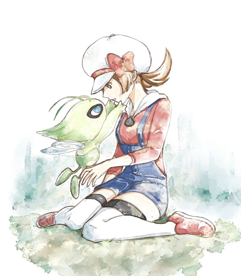 1girl, asuka_rkgk, blue_overalls, bow, brown_eyes, brown_hair, cabbie_hat, celebi