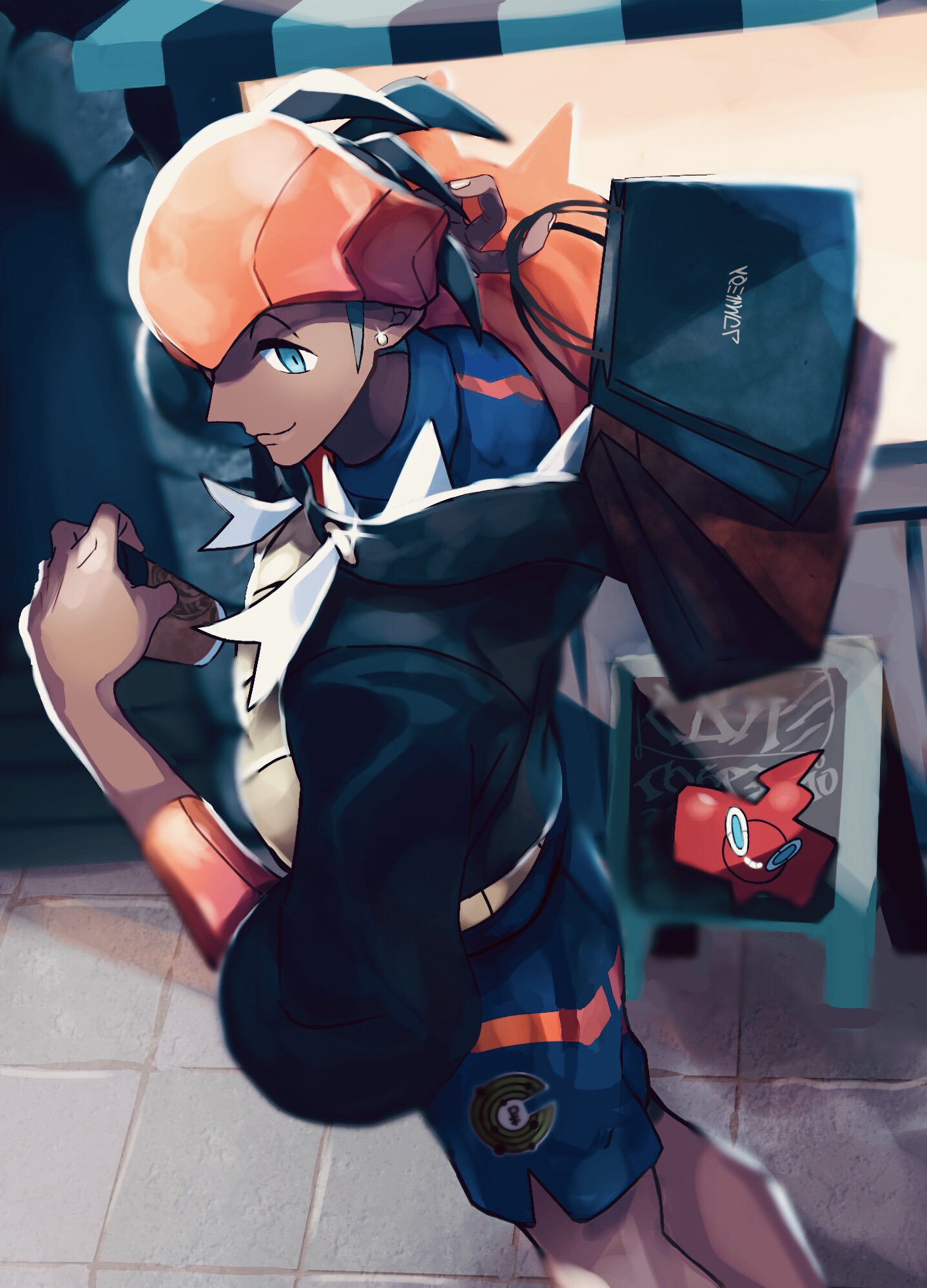 1boy, 241_gm, bag, black_hair, black_hoodie, blue_shirt, blue_shorts, closed_mouth