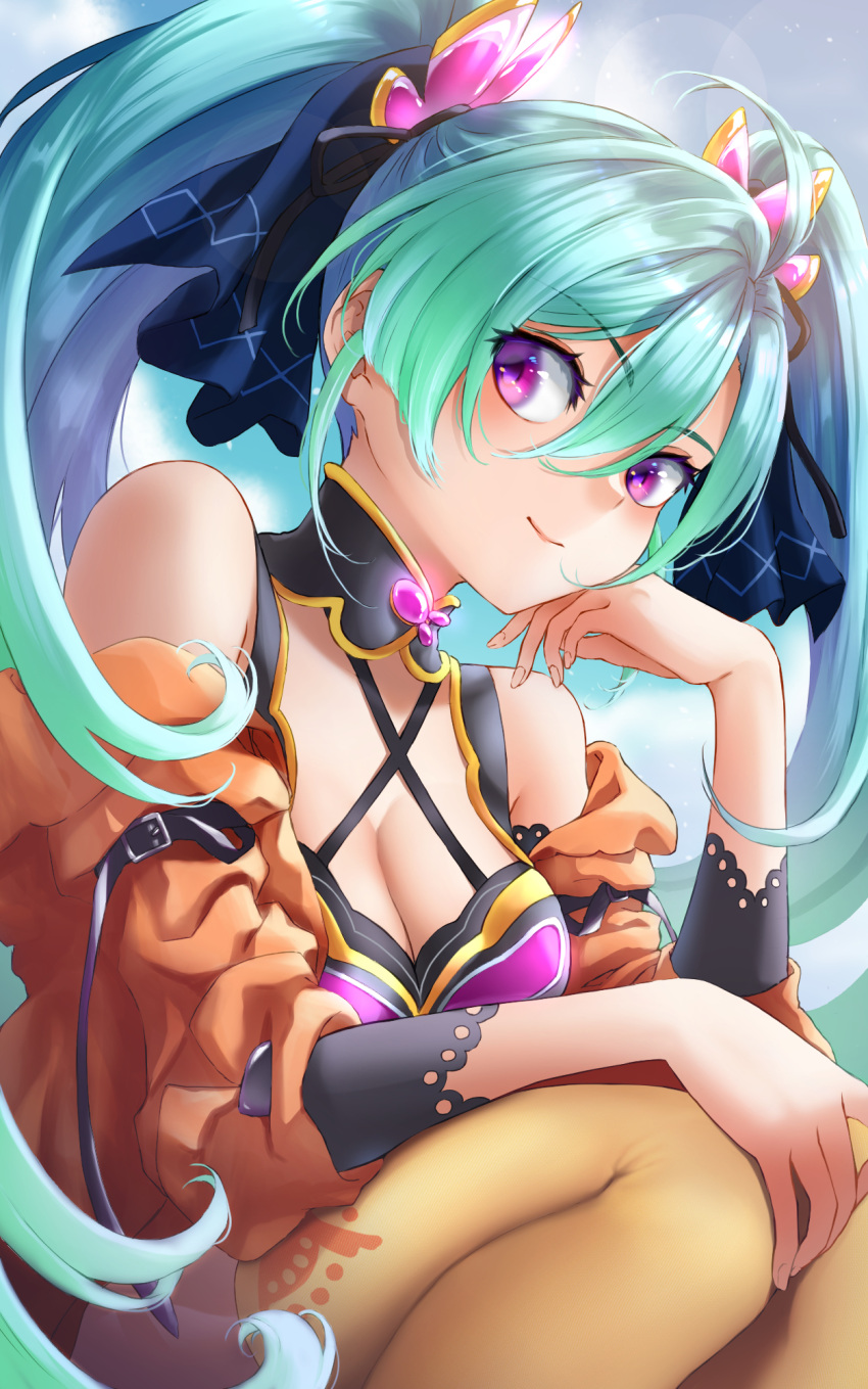 1girl, ahoge, anko_(pixiv663339), az_sainklaus, bangs, belt, blue_hair, breasts, eyebrows_visible_through_hair, hair_behind_ear, hand_on_hip, highres, jacket, medium_breasts, navel, off-shoulder_jacket, off_shoulder, orange_jacket, purple_eyes, smile, solo, super_robot_wars, super_robot_wars_30, twintails, upper_body