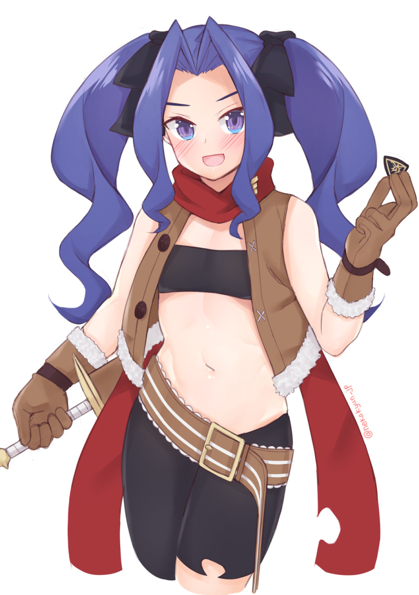 1girl, bandeau, bare_shoulders, belt, bike_shorts, black_ribbon, black_shorts, blue_eyes
