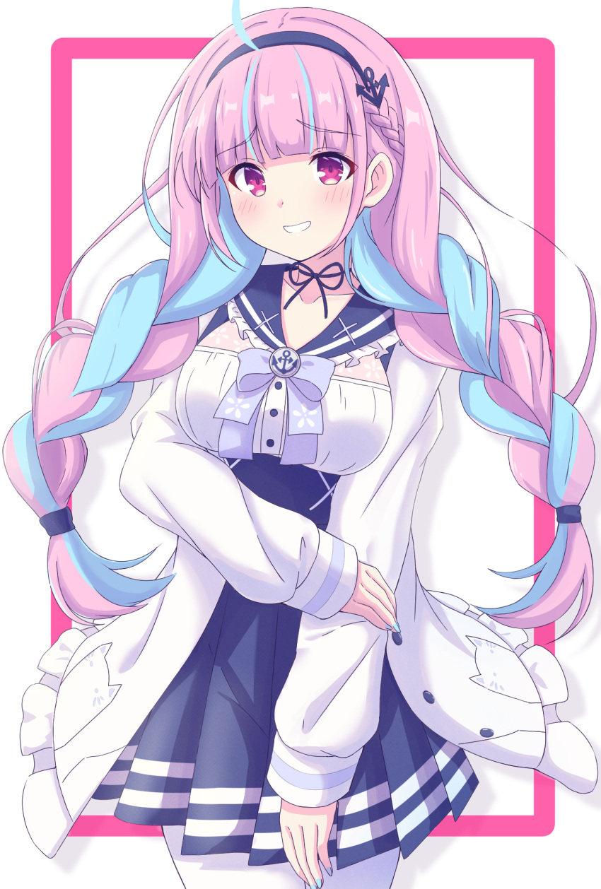 1girl, ahoge, anchor_hair_ornament, anchor_symbol, bangs, black_hairband, blue_hair, blue_nails