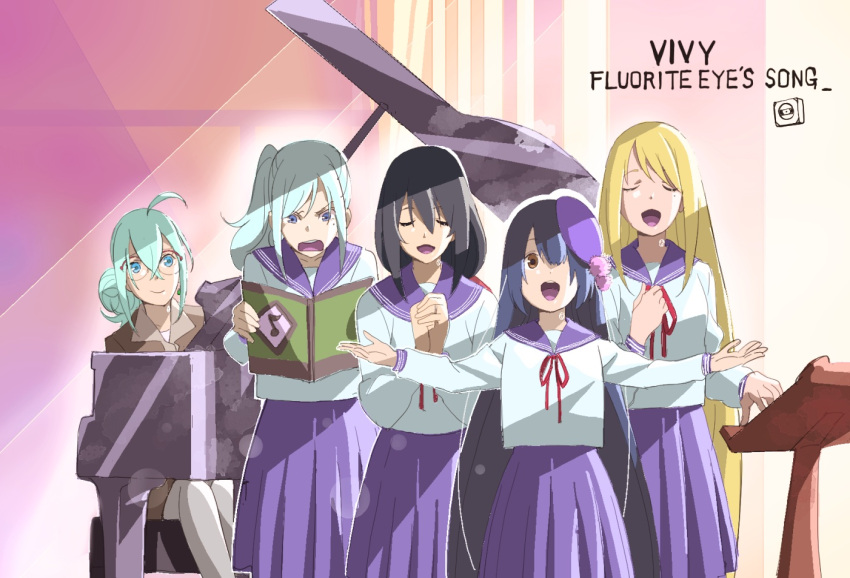 ahoge, beret, black_hair, blonde_hair, blue_hair, book, closed_eyes, elizabeth_(vivy)
