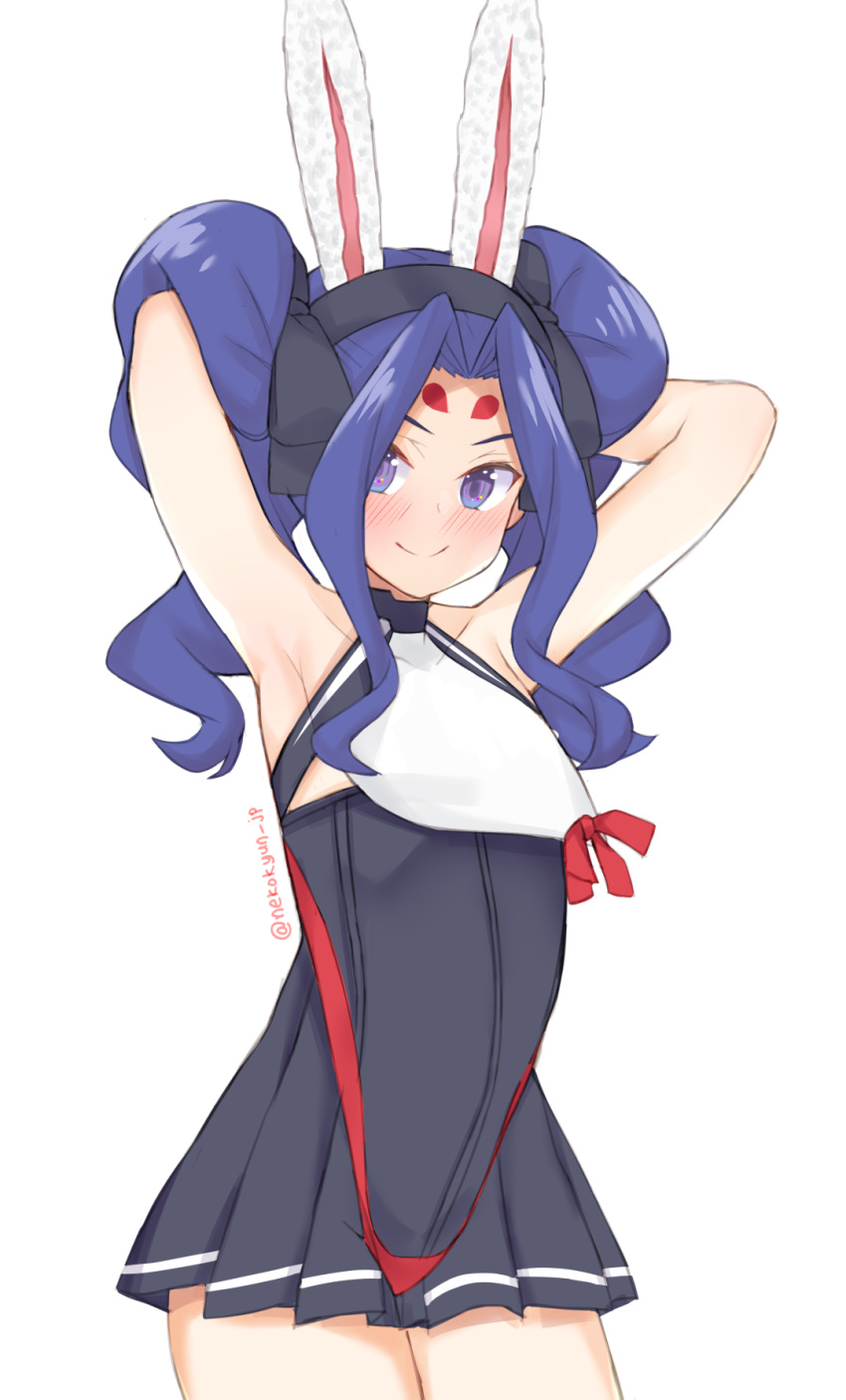 1girl, animal_ears, armpits, arms_behind_head, azur_lane, bare_shoulders, black_ribbon, black_skirt