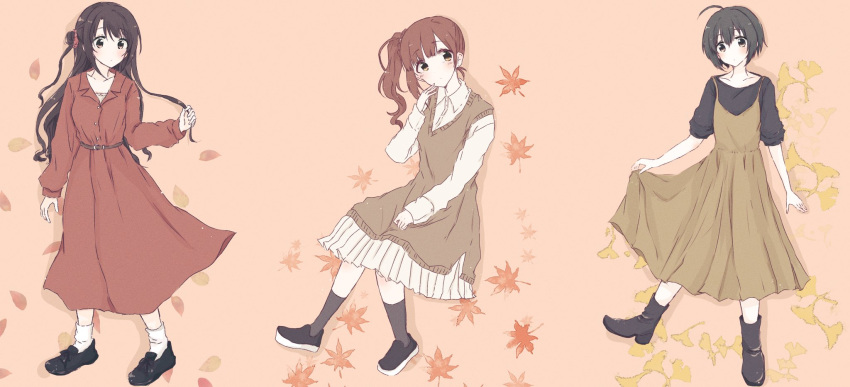 3girls, ahoge, alternate_costume, ba_ra_ran, black_footwear, black_hair, brown_hair, collage