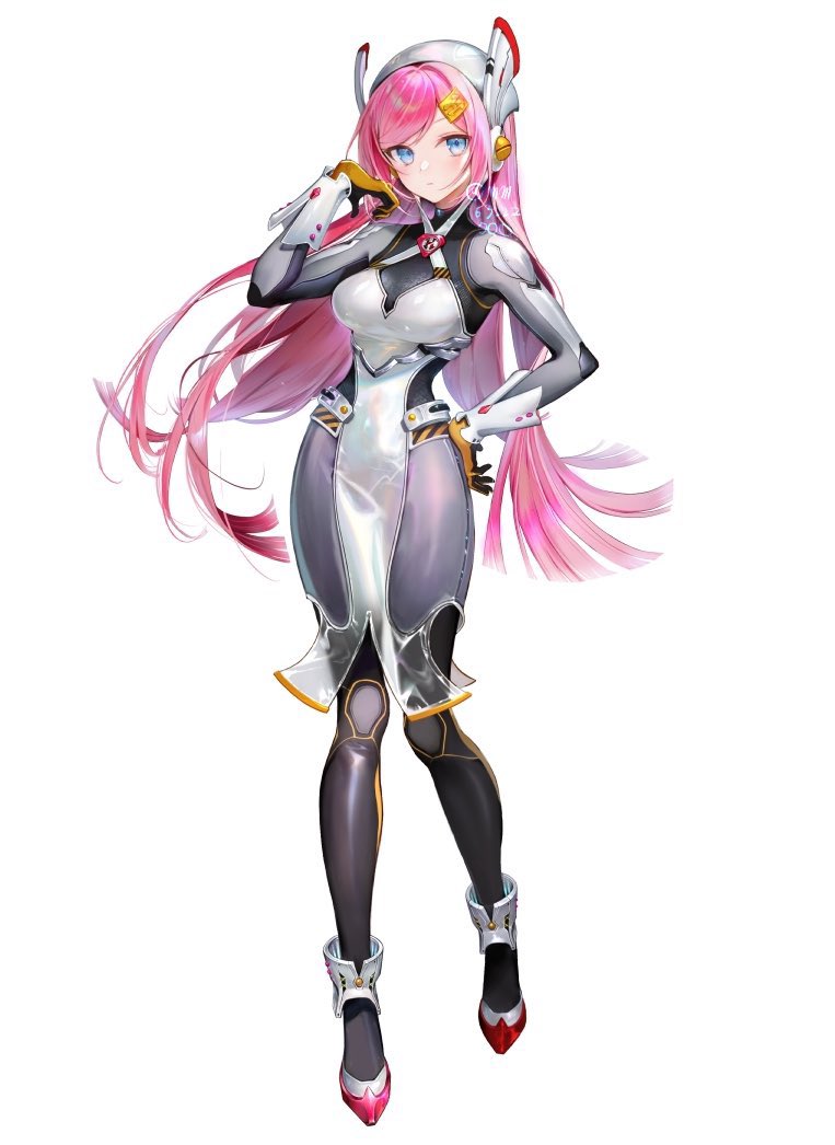 1girl, android, black_footwear, blue_eyes, bodysuit, boots, breasts, dress, gloves, hair_ornament, hairclip, hand_on_hip, humanization, kirby:_planet_robobot, kirby_(series), long_hair, looking_at_viewer, mi_(mm), pelvic_curtain, pink_hair, robot_ears, simple_background, solo, susie_(kirby), very_long_hair, white_background, white_dress, yellow_gloves