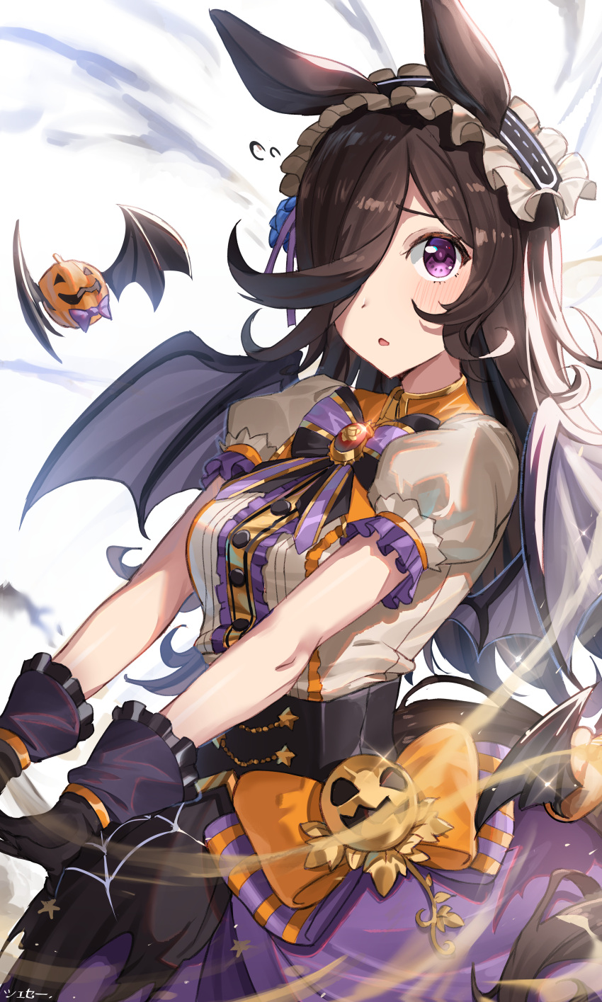 1girl, absurdres, animal_ears, bat_wings, black_bow, bow, bowtie, brown_hair