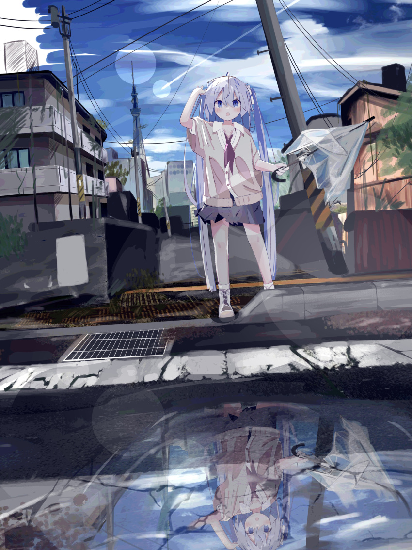 1girl, absurdres, blue_eyes, blue_skirt, building, cardigan, chestnut_mouth, city, commentary, condensation_trail, day, full_body, hand_up, hatsune_miku, highres, holding, holding_umbrella, lens_flare, light_blue_hair, light_blush, long_hair, looking_at_viewer, miniskirt, neckerchief, open_mouth, outdoors, puddle, red_neckwear, reflection, road, scenery, skirt, solo, standing, street, syare_0603, tower, twintails, umbrella, utility_pole, very_long_hair, vocaloid