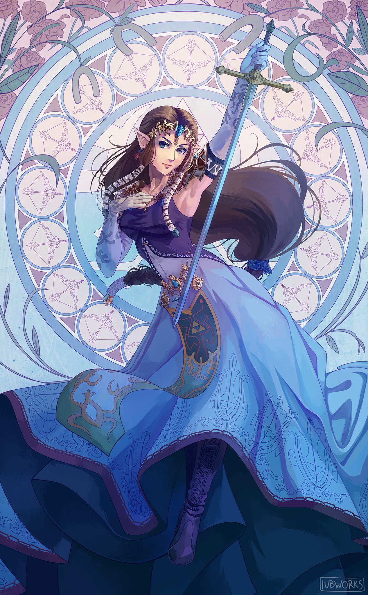 1girl, arm_up, armpits, ayuuniiart, blue_eyes, brown_hair, dress, elbow_gloves, gloves, highres, holding, holding_sword, holding_weapon, long_dress, long_hair, looking_at_viewer, low-tied_long_hair, pointy_ears, princess_zelda, solo, stained_glass, sword, the_legend_of_zelda, the_legend_of_zelda:_twilight_princess, tiara, triforce, weapon, white_gloves