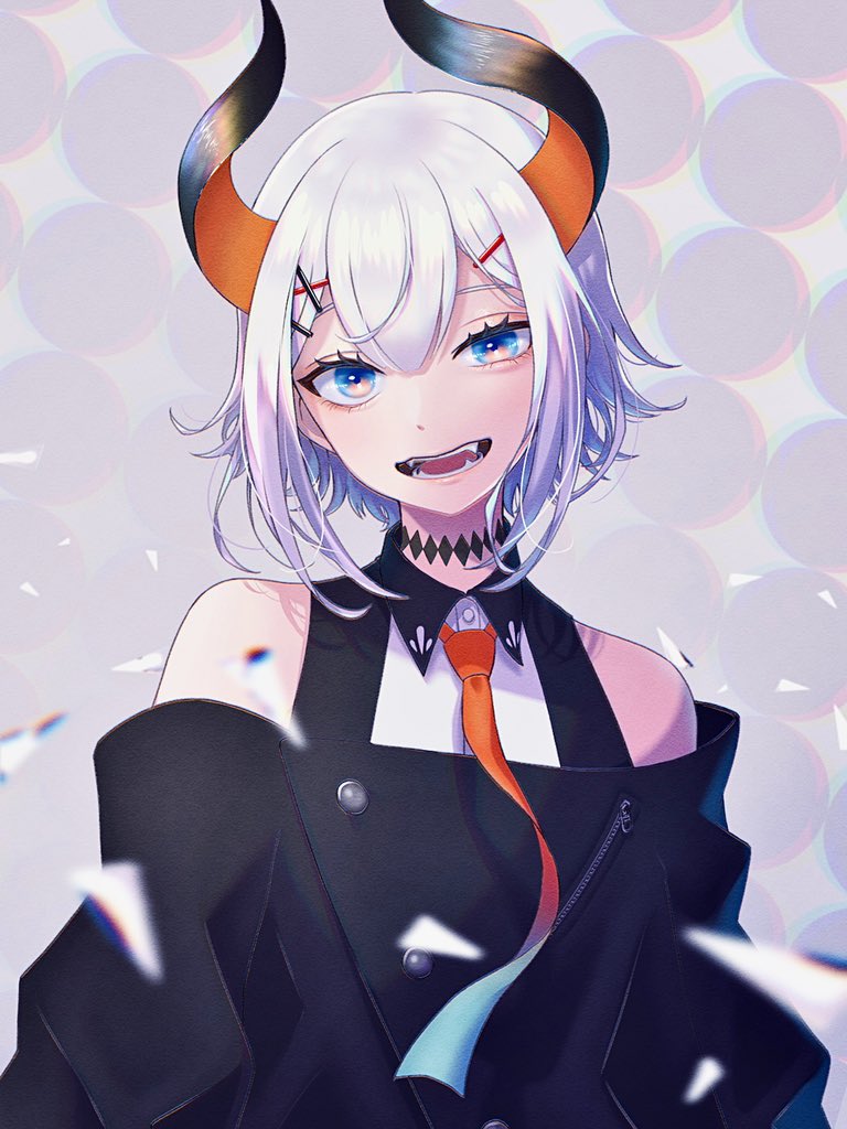 1girl, bare_shoulders, blue_eyes, demon_horns, eyelashes, hair_between_eyes, hair_ornament, hairclip