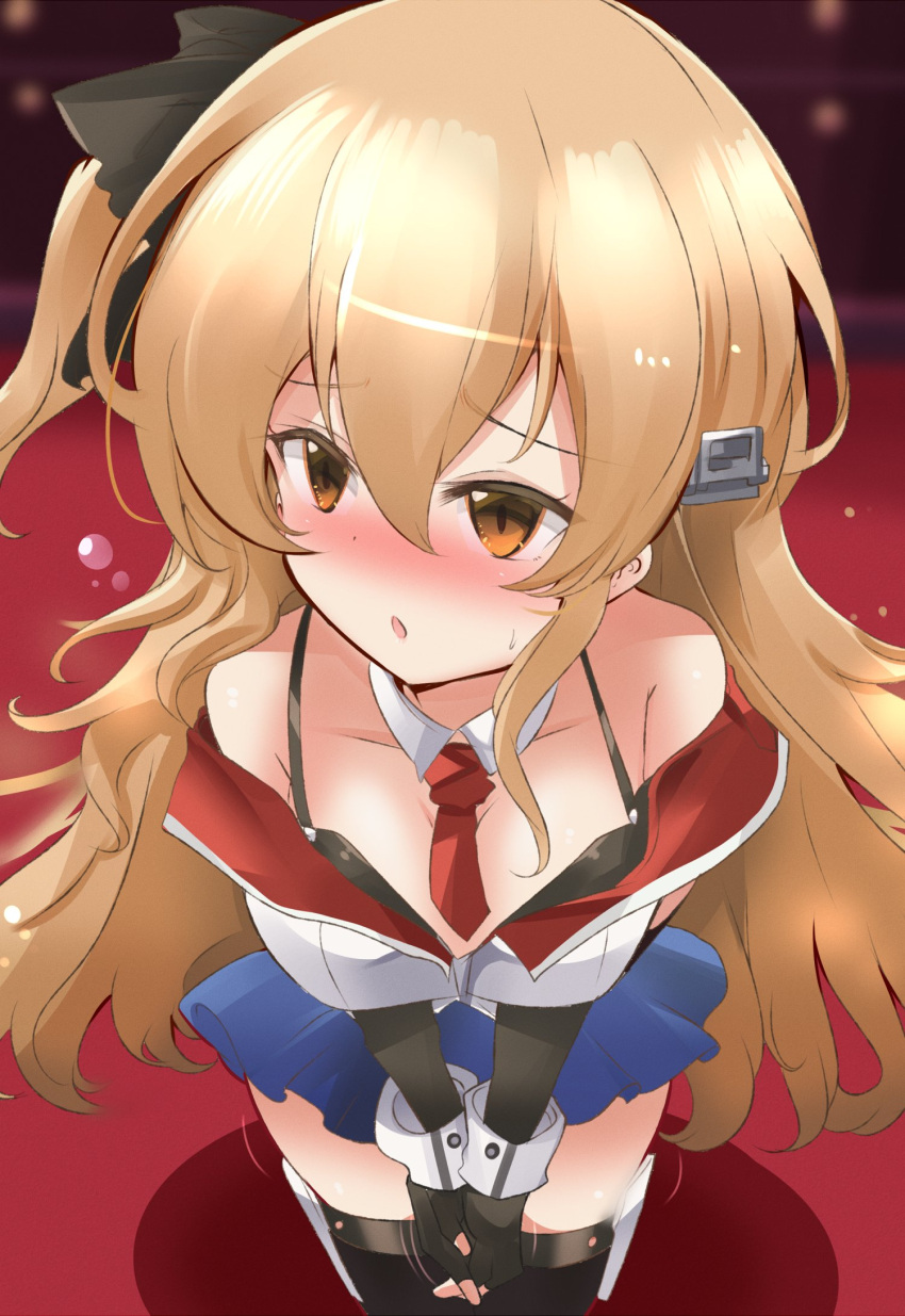 1girl, azur_lane, bangs, bare_shoulders, black_gloves, blonde_hair, blue_skirt, blush