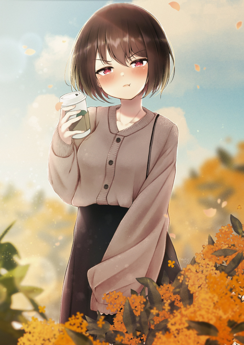 1girl, absurdres, black_skirt, blush, breasts, brown_hair, brown_sweater, clouds, collarbone, cup, disposable_cup, highres, holding, holding_cup, kazanock, long_skirt, long_sleeves, medium_breasts, orange_flowers, original, outdoors, pout, red_eyes, skirt, sky, sleeves_past_wrists, solo, sweater