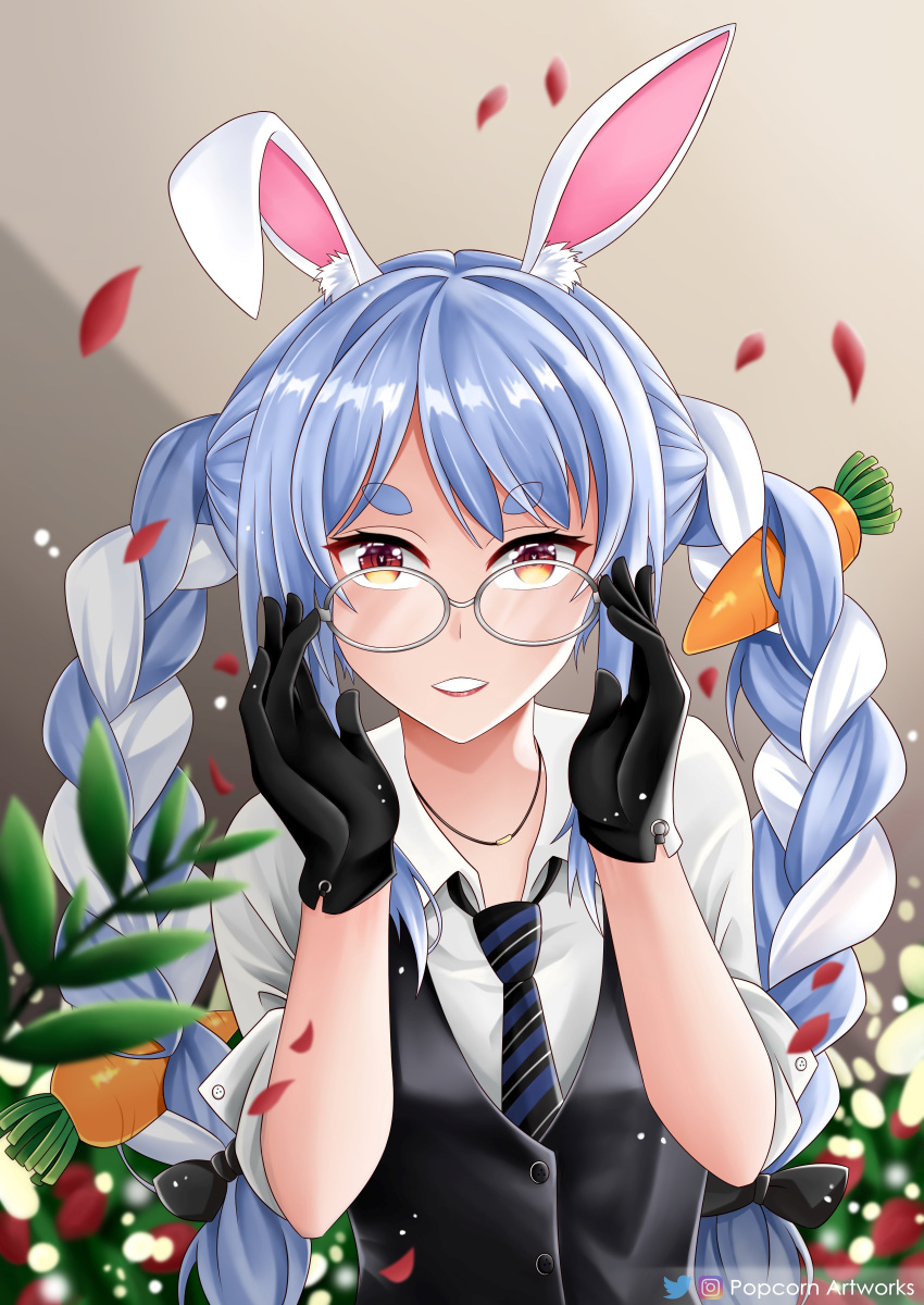 1girl, absurdres, adjusting_eyewear, animal_ears, bangs, bespectacled, black_gloves, blurry
