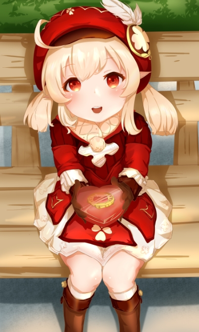 1girl, :d, ahoge, bangs, bench, boots, box, brown_footwear, brown_gloves, brown_scarf, cabbie_hat, candy, chocolate, clover_print, coat, commentary_request, eyebrows_visible_through_hair, food, genshin_impact, gift, gift_box, giving, gloves, hair_between_eyes, hat, hat_feather, hat_ornament, heart, heart-shaped_chocolate, klee_(genshin_impact), knee_boots, kneehighs, light_brown_hair, long_hair, long_sleeves, looking_at_viewer, low_twintails, open_mouth, park_bench, pocket, pointy_ears, red_coat, red_eyes, red_headwear, scarf, sidelocks, sitting, smile, solo, twintails, yosola_pl