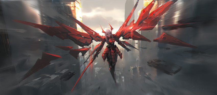 1girl, absurdres, armor, bangs, blonde_hair, bodysuit, chinese_commentary, city