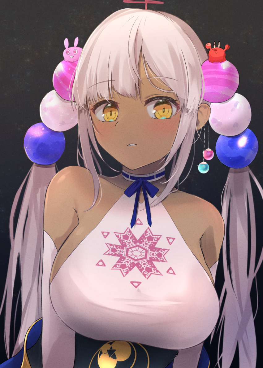 :o, bangs, bare_shoulders, blue_ribbon, breasts, collarbone, dark-skinned_female, dark_skin, elbow_gloves, eyebrows_visible_through_hair, gloves, halterneck, highres, hololive, hololive_english, kaniko_(tsukumo_sana), large_breasts, light_blush, long_hair, looking_at_viewer, neck_ribbon, ribbon, ribbon_trim, shuuzo3, solo, space, tsukumo_sana, twintails, upper_body, usaslug_(tsukumo_sana), virtual_youtuber, white_gloves, white_hair, yellow_eyes